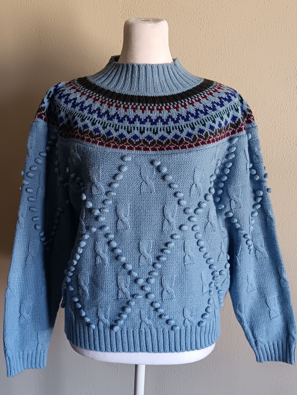 Fair Isle Bobble Knit Vintage Cabin Creek Petite Blue Mock Neck Sweater, Small